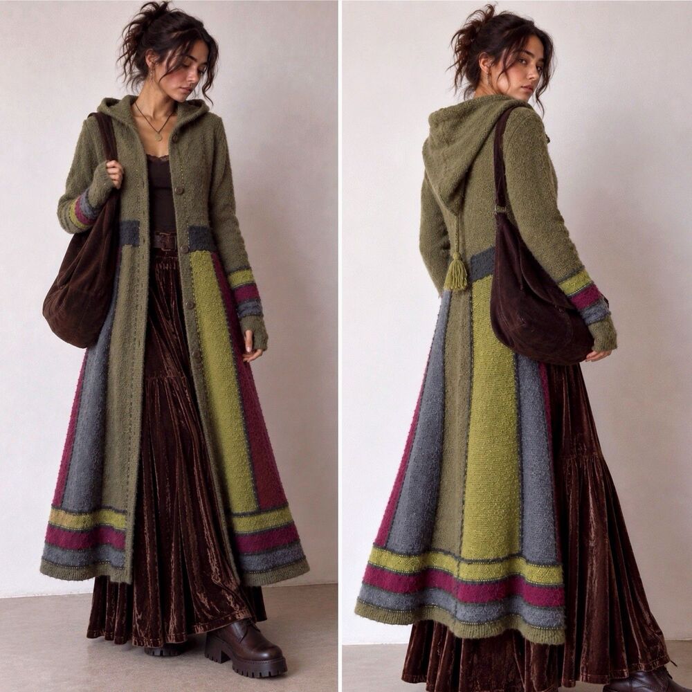 VTG Hooded Knit Duster Coat S Striped Maxi Cardigan Whimsigoth Fairy Grunge Y2k